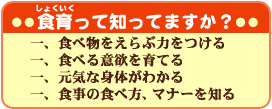 食べ物をえらぶ力をつける、食べる意欲を育てる、元気な身体がわかる、食事の食べ方・マナーを知る